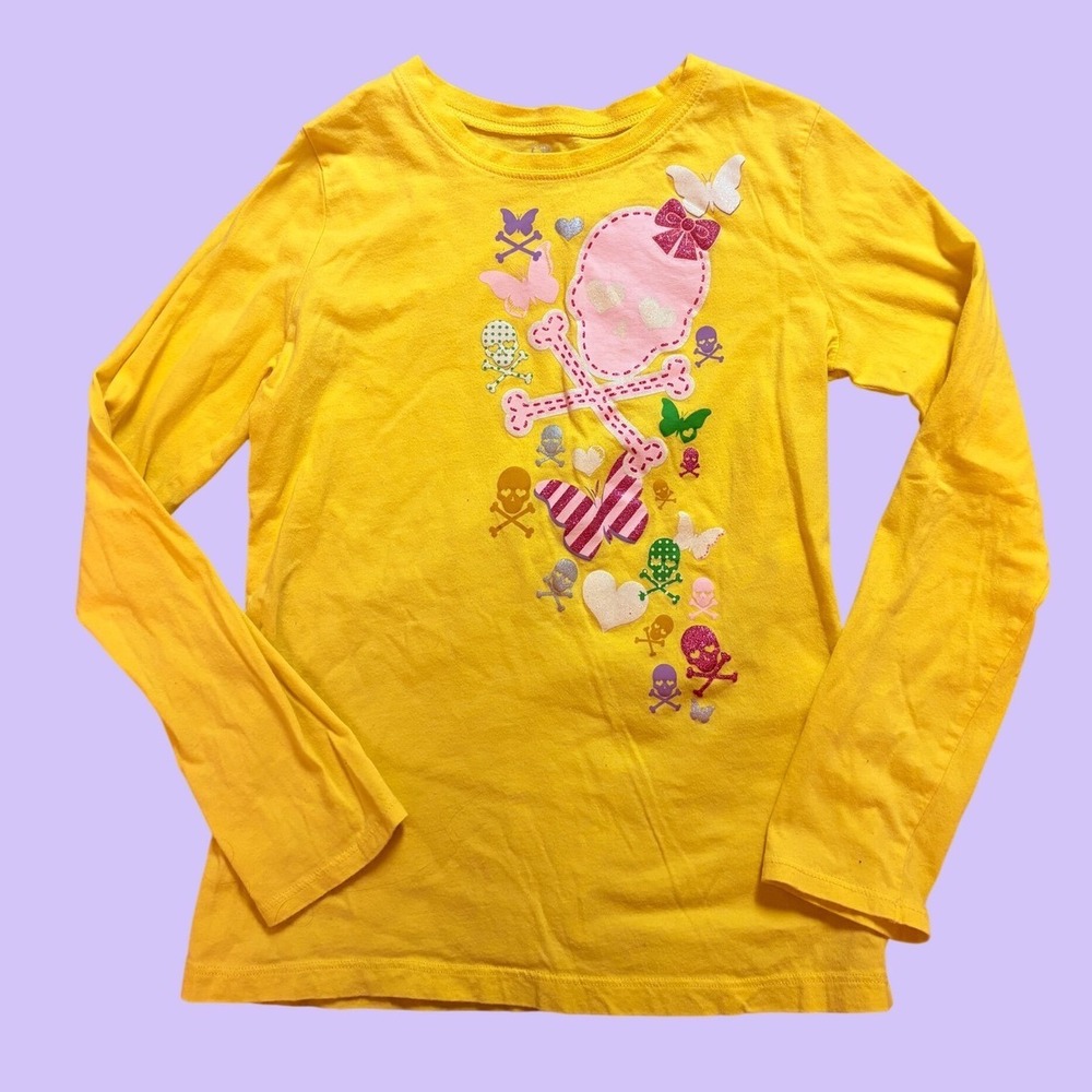 Y2K Yellow Skull Butterfly Graphic Baby Tee Long Sleeve Shirt Scene #17
